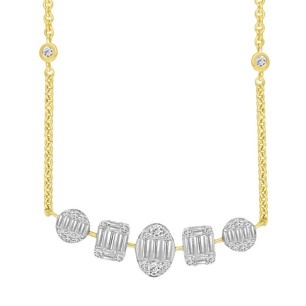 LADIES NECKLACE 1.00CT ROUND/BAGUETTE DIAMOND 14K YELLOW GOLD