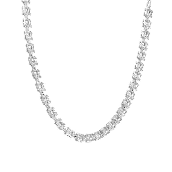 LADIES TENNIS NECKLACE 4.00CT ROUND/BAGUETTE DIAMOND 14K WHITE GOLD