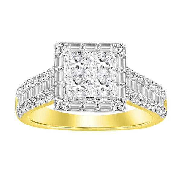 LADIES RING 1.50CT ROUND/BAGUETTE/PRINCESS 14K YELLOW  GOLD