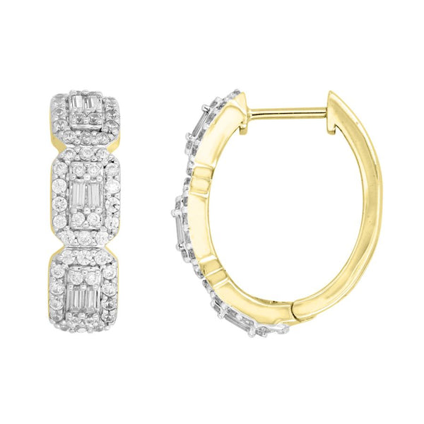 LADIES HOOP EARRINGS 1.00CT ROUND/BAGUETTE DIAMOND 14K YELLOW GOLD