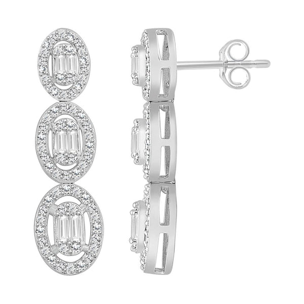 LADIES LINEAR EARRINGS 0.75CT ROUND/BAGUETTE DIAMOND 14K WHITE GOLD