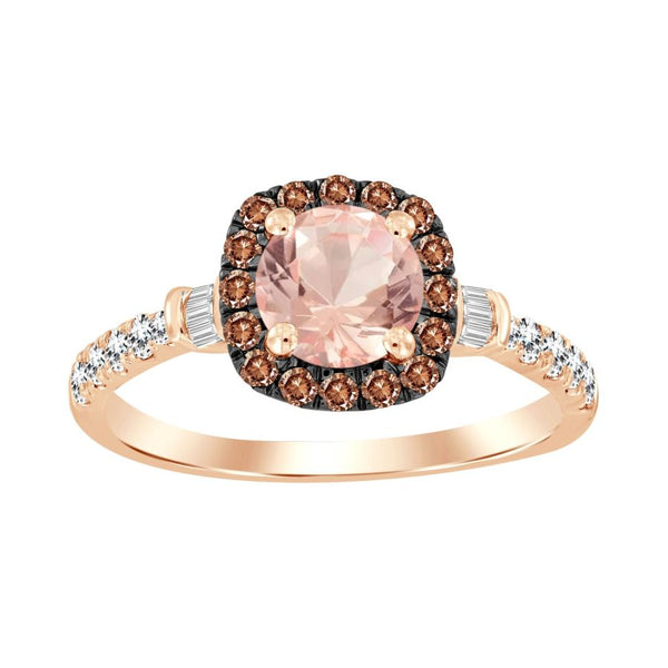 LADIES RING 1/2 CT ROUND/CAPPUCCINO/BAGUETTE PEACH MORGANITE DIAMOND 10K ROSE GOLD (CENTER-3/4)