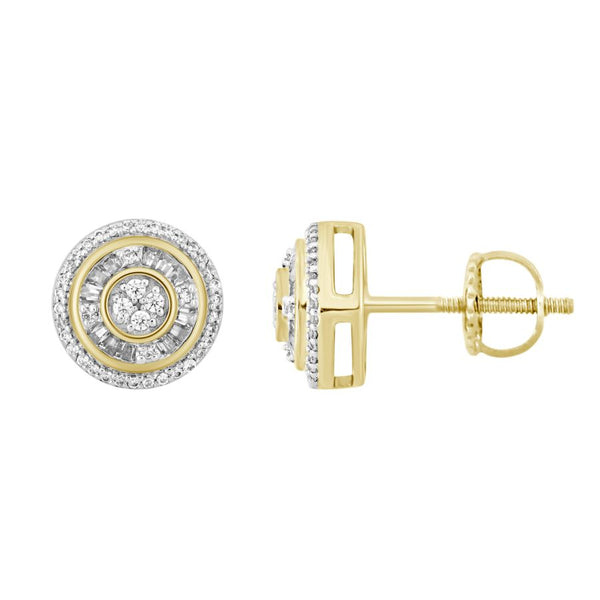 LADIES STUD EARRINGS 0.33CT ROUND/BAGUETTE DIAMOND 10K YELLOW GOLD