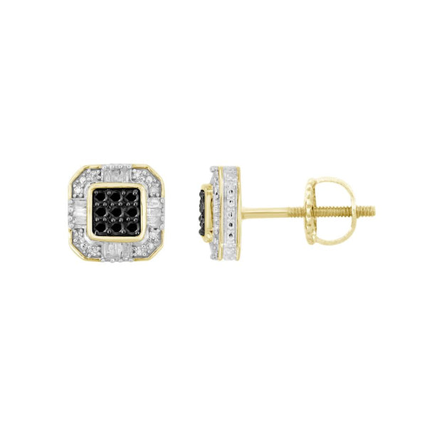 LADIES STUD EARRINGS 0.25CT ROUND/BAGUETTE DIAMOND 10K YELLOW GOLD