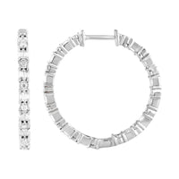 LADIES HOOP EARRINGS 1.00CT ROUND/BAGUETTE DIAMOND 14K WHITE GOLD (SI QUALITY)