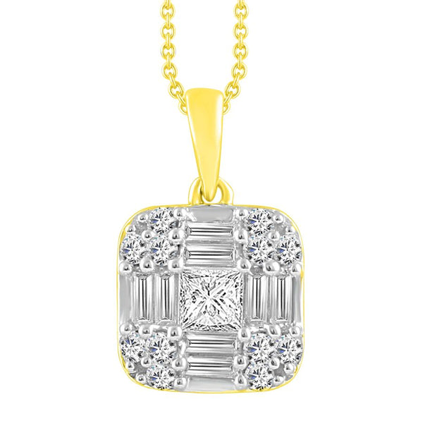 LADIES PENDANT WITH CHAIN 0.50CT ROUND/PRINCESS/BAGUETTE DIAMOND 14K YELLOW GOLD