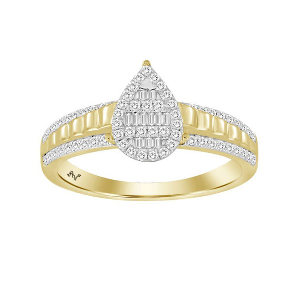 LADIES RING 0.25CT ROUND/BAGUETTE DIAMOND 10K YELLOW GOLD