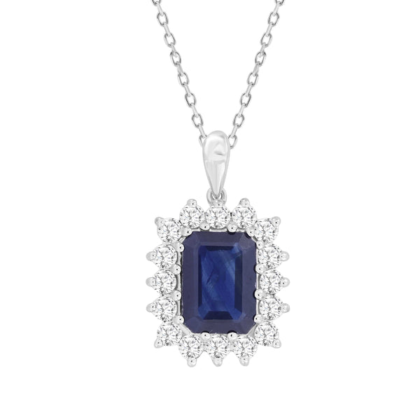 LADIES PENDANT WITH CHAIN 2.75CT ROUND/EMERALD/SAPPHIRE DIAMOND 14K WHITE GOLD (CENTER STONE EMERALD BLUE SAPPHIRE APPROX- 2.25CT)