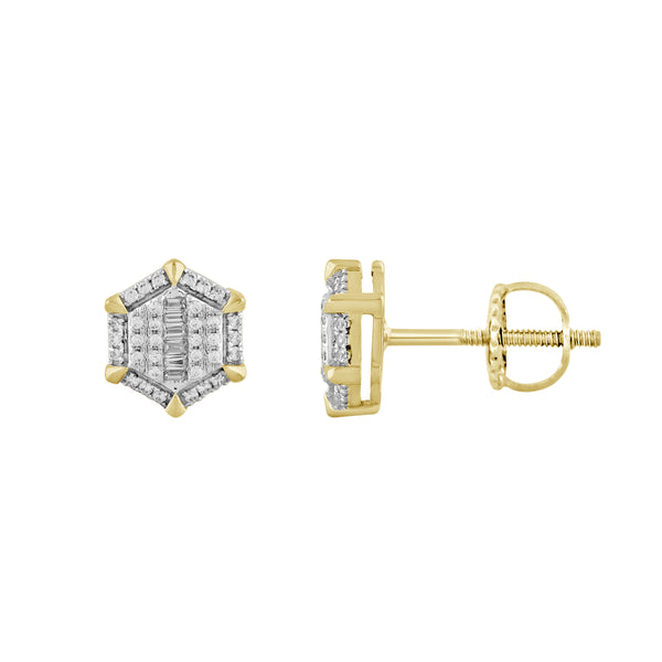 LADIES EARRINGS 0.25CT ROUND/BAGUETTE DIAMOND 10K YELLOW GOLD