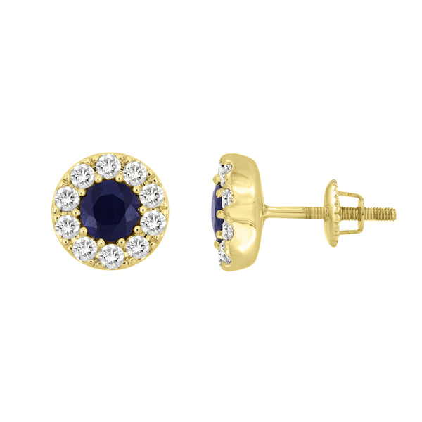 LADIES EARRING 1.75CT BLUE SAPHIRE/ROUND DIAMOND 14K YELLOW GOLD