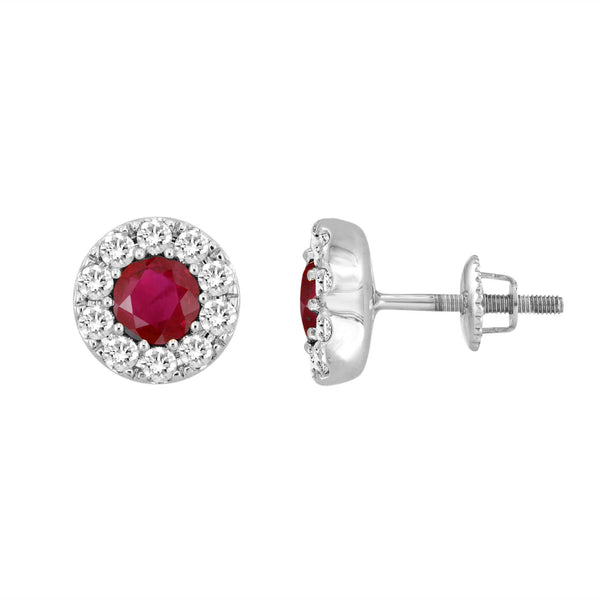 LADIES EARRING 1.75CT ROUND/RUBY DIAMOND 14K WHITE GOLD (CENTER STONE RUBY APPROX 1.20CT)