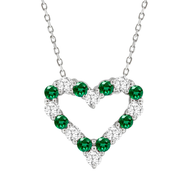 LADIES PENDANT WITH CHAIN 0.65CT ROUND/EMERALD DIAMOND 14K WHITE GOLD (CENTER STONE EMERALD APPROX-0.25CT)