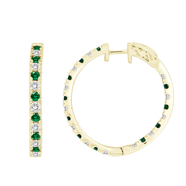 LADIES HOOP EARRINGS 1.85CT ROUND/EMERALD DIAMOND 14K YELLOW GOLD (CENTER STONE EMERALD DIAMOND 0.85CT)