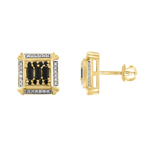 MEN'S EARRINGS 0.50CT ROUND/BLACK BAGUETTE/BLACK DIAMOND 10K YELLOW GOLD