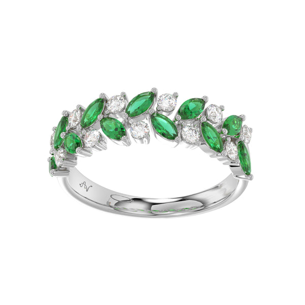 LADIES RING 0.42CT ROUND/EMERALD/MARQUISE DIAMOND 14K WHITE GOLD (CENTER STONE MARQUISE EMERALD-0.08CT)