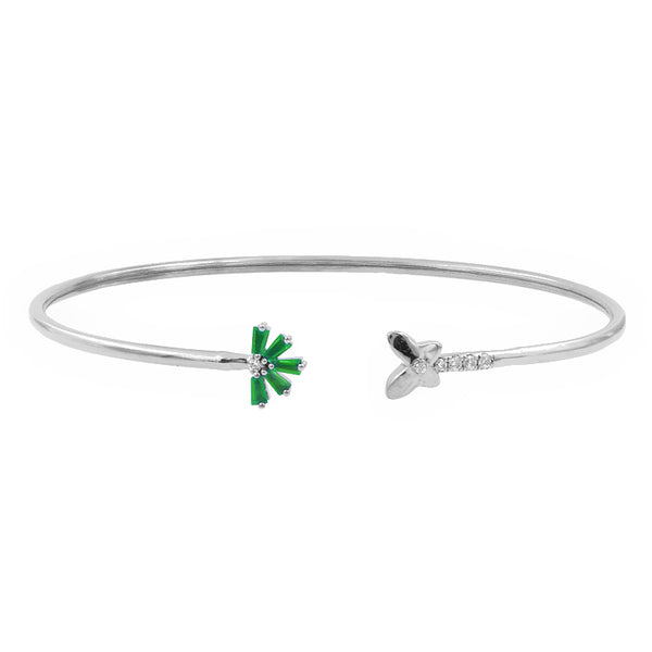 LADIES BANGLE 0.25CT ROUND/BAGUETTE DIAMOND 14K WHITE GOLD (CENTER STONE 0.20CT GREEN EMERALD BAGUETTE DIAMOND)