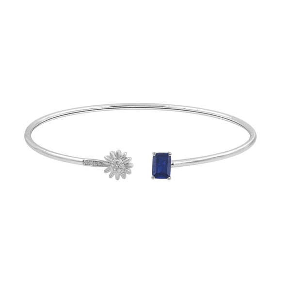 LADIES BANGLE 0.55CT ROUND DIAMOND EMERALD BLUE SAPPHIRE 14K WHITE GOLD (CENTER STONE 0.50CT EMERALD BLUE SAPPHIRE DIAMOND)