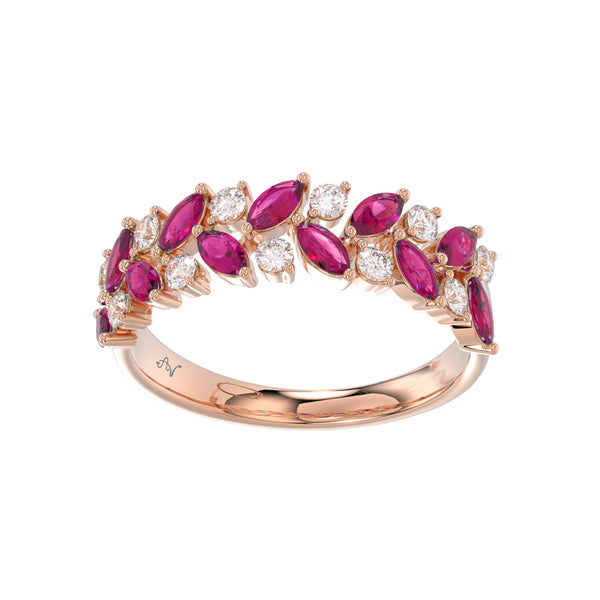 LADIES RING 1.40CT ROUND/RUBY/MARQUISE DIAMOND 14K ROSE GOLD (CENTER STONE MARQUISE RUBY-1.05CT)