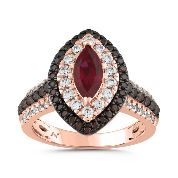 LADIES RING 3.00CT ROUND/DARK BROWN/MARQUISE/RUBY DIAMOND 14K ROSE GOLD (CENTER STONE MARQUISE/RUBY DIAMOND