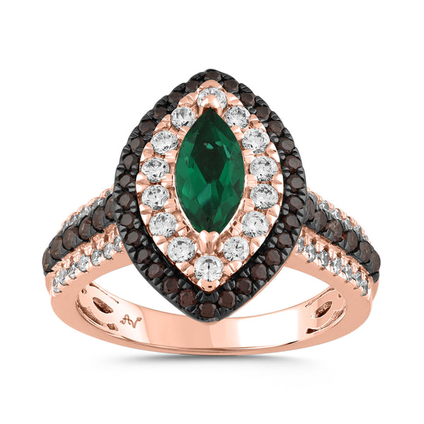 LADIES RING 3.00CT ROUND/DARK BROWN/MARQUISE DIAMOND 14K ROSE GOLD (CENTER STONE MARQUISE EMERALD DIAMOND-2.00CT)