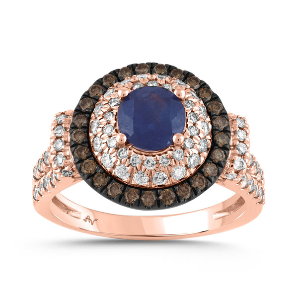 LADIES RING (CTR-SAP-1 2.00CT ROUND/SAPPHIRE/DARK BROWN DIAMOND 14K ROSE GOLD (CENTER STONE ROUND SAPPHIRE-1.00CT)