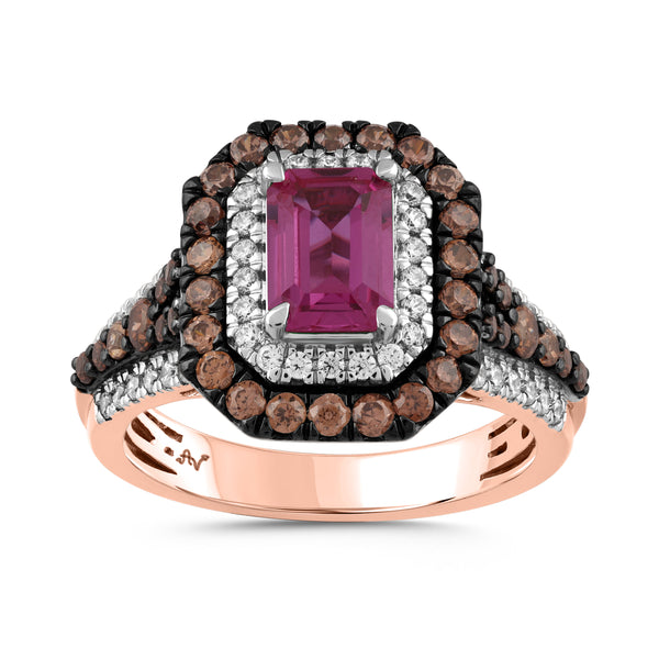 LADIES RING 2.00CT ROUND/DARK BROWN/EMERALD RUBY DIAMOND 14K ROSE GOLD (CENTER STONE RUBY DIAMOND 1.00CT)