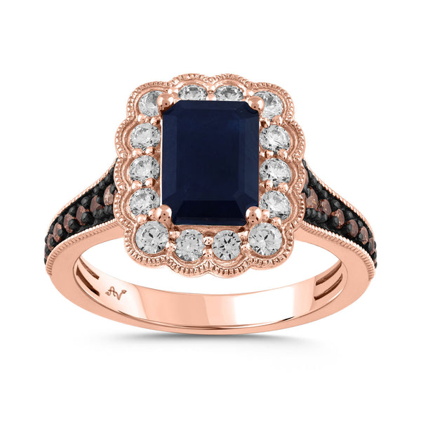 LADIES RING 3.00CT ROUND/DARK BROWN/EMERALD DIAMOND 14K ROSE GOLD (CENTER STONE EMERALD SAPPHIRE DIAMOND-2.25CT)