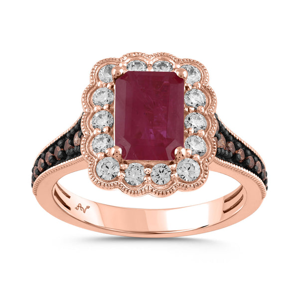 LADIES RING 2.75CT ROUND/DARK BROWN EMERALD RUBY DIAMOND 14K ROSE GOLD (CENTER STONE RUBY DIAMOND-2.00CT)