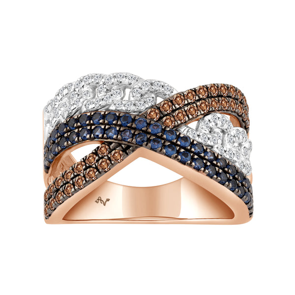 LADIES RING 1.15CT ROUND/DARK BROWN/BLUE SAPPHIRE DIAMOND 14K ROSE GOLD