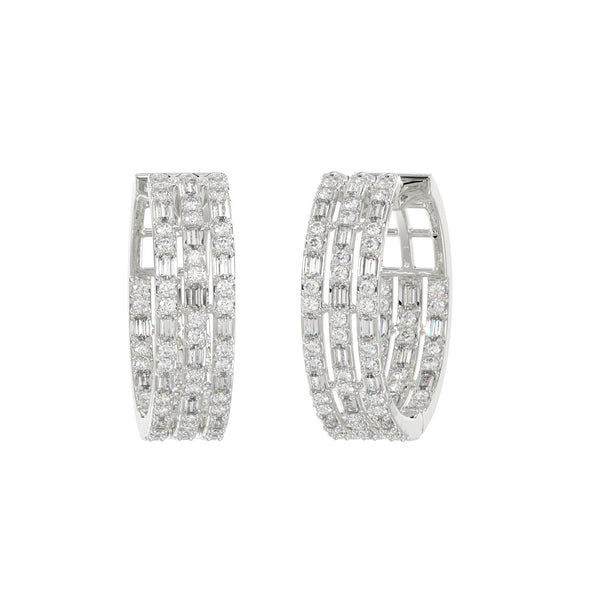 LADIES HOOPS EARRINGS 0.50CT ROUND/BAGUETTE DIAMOND 14K WHITE GOLD