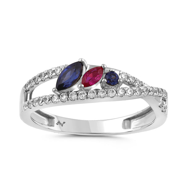 LADIES RING 0.62CT ROUND/SAPPHIRE/RUBY/MARQUISE DIAMOND 14K WHITE GOLD (CENTER STONE 1.50CT MARQUISE SAPPHIRE/RUBY