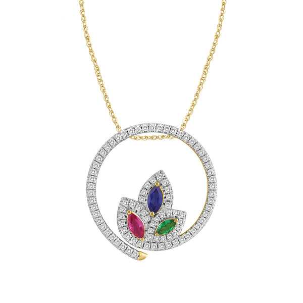 LADIES PENDANT 1.00CT ROUND/RUBY/EMERALD SAPPHIRE 14K YELLOW GOLD (CENTER STONE 0.55CT MARQUISE DIAMOND)