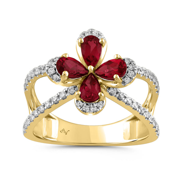 LADIES RING 1.13CT ROUND/RUBY/PEAR DIAMOND 14K YELLOW GOLD (CENTER STONE 0.88CT RUBY DIAMOND)