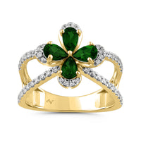 LADIES RING 1.13CT ROUND/PEAR/EMERALD DIAMOND 14K YELLOW GOLD (CENTER STONE 0.88CT EMERALD DIAMOND)