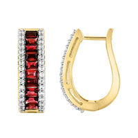 LADIES HOOPS EARRING 3.75CT ROUND/RUBY/BAGUETTE DIAMOND 14K YELLOW GOLD (CENTER STONE 3.20CT RUBY DIAMOND)