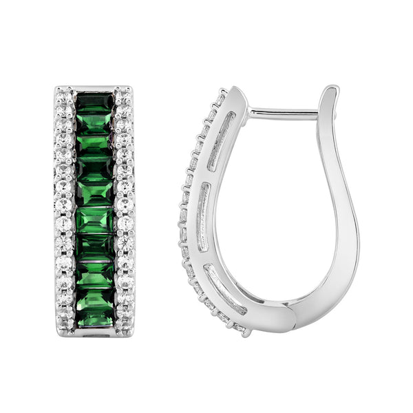 LADIES HOOPS EARRING 3.75CT ROUND/BAGUETTE /EMERALD DIAMOND 14K WHITE GOLD (CENTER STONE 3.20CT EMERALD DIAMOND)