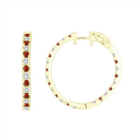 LADIES HOOPS EARRING 2.30CT RUBY/ROUND DIAMOND 10K YELLOW GOLD (CENTER STONE 1.30CT RUBY DIAMOND)