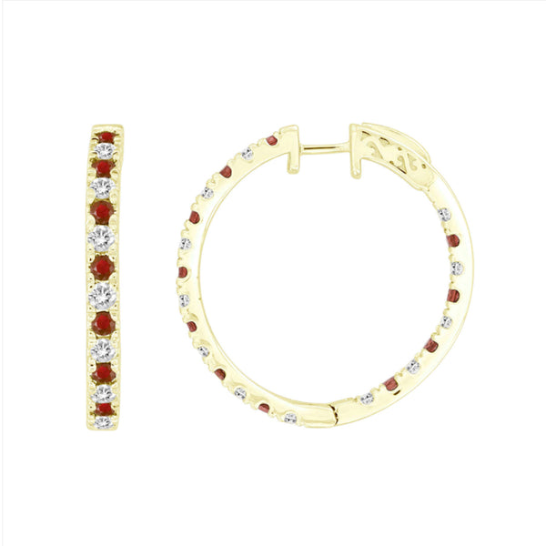 LADIES HOOPS EARRING 2.30CT RUBY/ROUND DIAMOND 10K YELLOW GOLD (CENTER STONE 1.30CT RUBY DIAMOND)