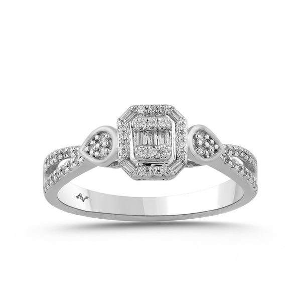 LADIES RING 0.20CT ROUND/BAGUETTE DIAMOND 14K WHITE GOLD