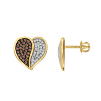 LADIES HEART EARRINGS 0.40CT DARK BROWN/ROUND DIAMOND 10k YELLOW GOLD