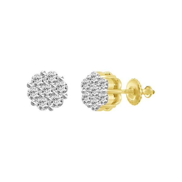 LADIES FLOWER EARRINGS 0.10CT ROUND DIAMOND 10K YELLOW GOLD