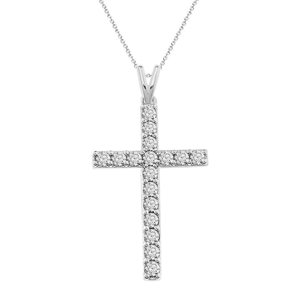 CROSS PENDANT WITH CHAIN 1.00CT ROUND DIAMOND 14K WHITE GOLD