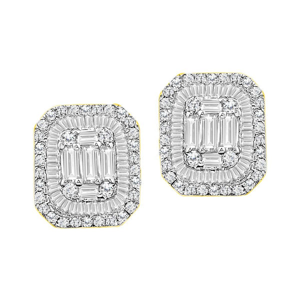 LADIES EARRINGS 0.75CT ROUND/BAGUETTE DIAMOND 14K YELLOW GOLD