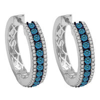 LADIES HOOP EARRINGS 1.00CT ROUND BLUE DIAMOND 14K WHITE GOLD