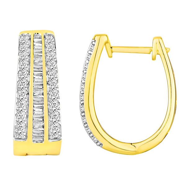 LADIES EARRINGS 1.00CT ROUND/BAGUETTE DIAMOND 10K YELLOW GOLD