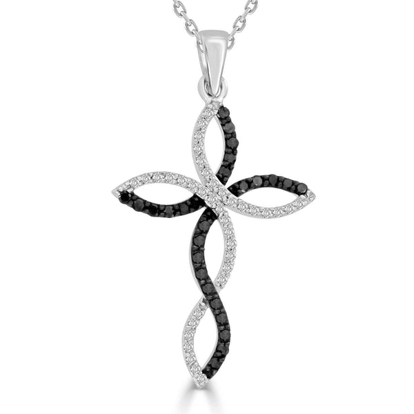 LADIES CROSS PENDANT 3/8 CT WHITE/BLACK ROUND DIAMOND SILVER