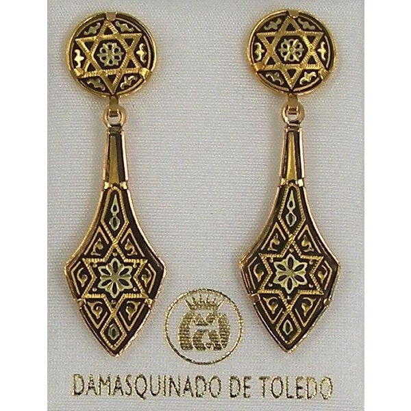 Damascene Gold Deltoid Star of David Stud Drop Earrings by Midas of Toledo Spain style 813010 2112