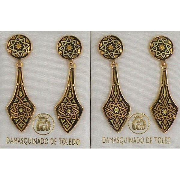 Damascene Gold Deltoid Star Stud Drop Earrings by Midas of Toledo Spain style 813010 2112