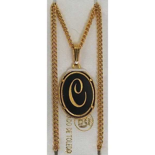 Damascene Gold Letter C Oval Pendant on Chain Necklace by Midas of Toledo Spain style 830044 2363