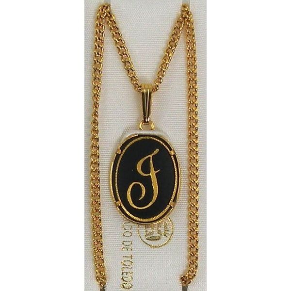 Damascene Gold Letter J Oval Pendant on Chain Necklace by Midas of Toledo Spain style 830044 2363